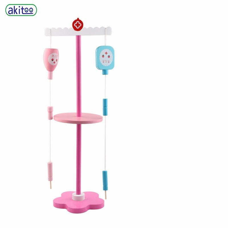 Akitoo blå rosa medicinlåda stort trä barn lekhus läkare leksak lek sjuksköterska service rollspel droppställ  #3203: Rosa droppstativ