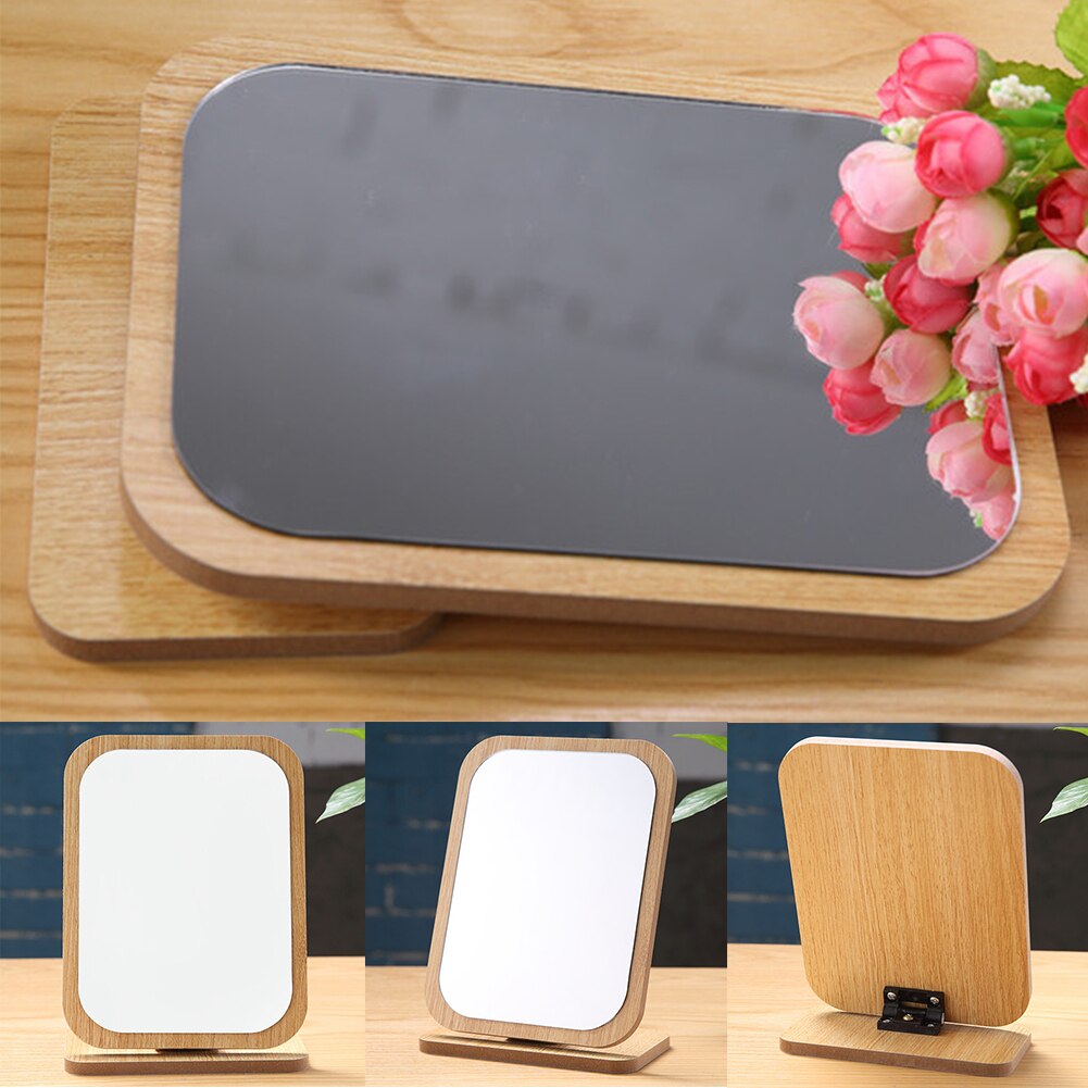 Small Desktop Portable Cosmetic Standing Compact Adjustable Angle Table 360 Degree Wooden Rotation Mirror Foldable Makeup Cute