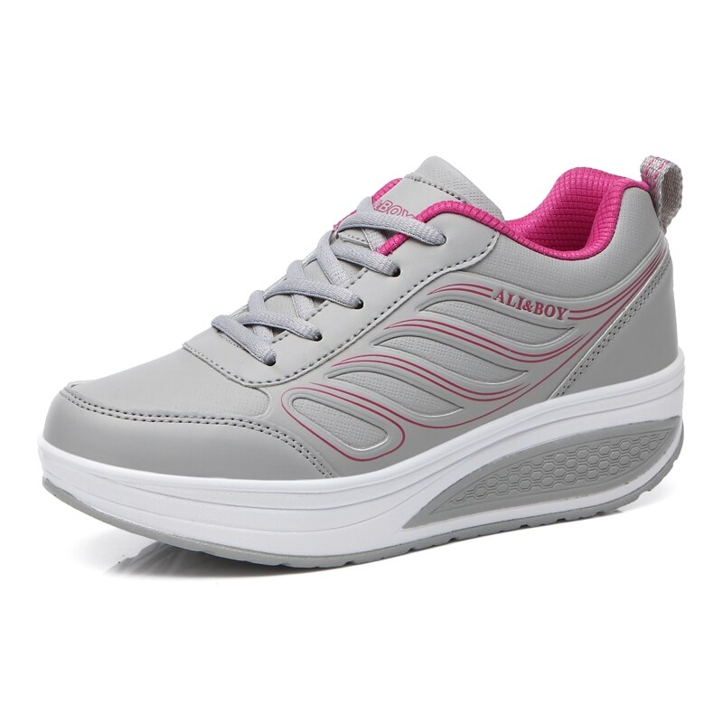 Zapatos de cuña con aumento de altura para mujer, zapatillas deportivas informales impermeables con forma plana y amortiguación para trotar, para primavera: Gray- Plum Red / 7