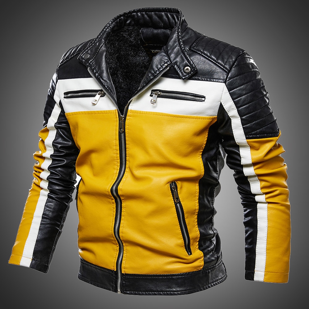 Mænd gul læder jakke patchwork biker jakke mænd afslappet lynlås frakke mænd motorcykel jakke slim fit pelsforet outwear frakke