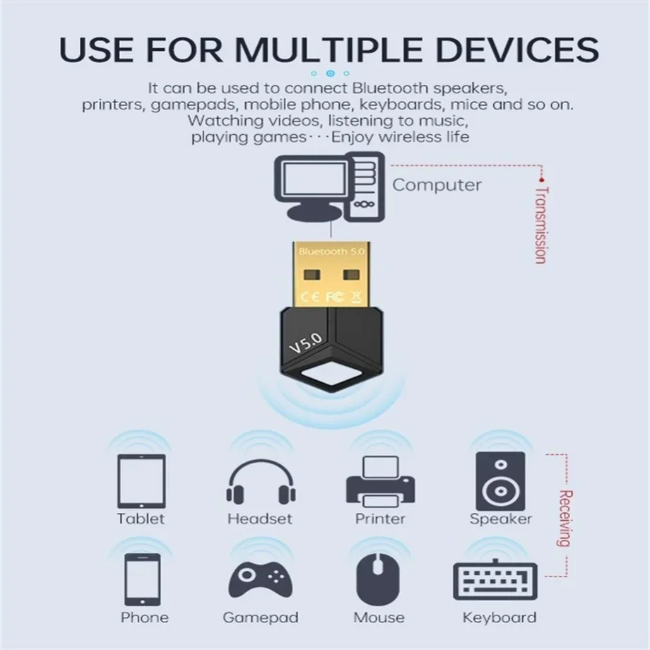 USB Dongle Bluetooth 5.0 Adapter Receiver Wireless Low Latency Music Mini Bluthooth Transmitter For PC/File Transfer RTL8761B