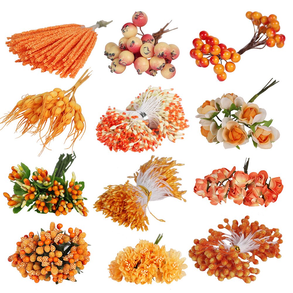 6/12/90/400 stk blandet oransje kunstig blomst kirsebær stamen bær bunt gjør-det-selv jul bryllupskake boks kranser dekor