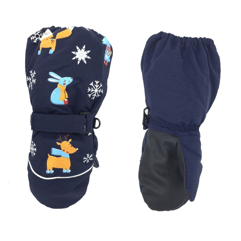 Winter Children Print Cartoon Deer Rabbit Thickening Ski Gloves Kids Windproof Waterproof Non-slip Long-sleeved Mittens AXYA: Navy Blue