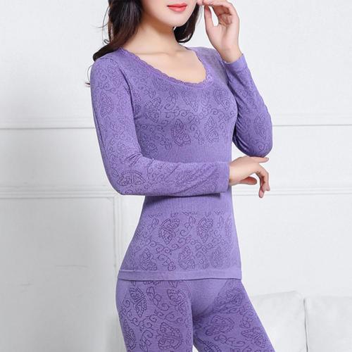 2Pcs Women Winter O Neck Top Long Pants Thermal Underwear Shaper Sleepwear Set Thermo Clothes: Light Purple