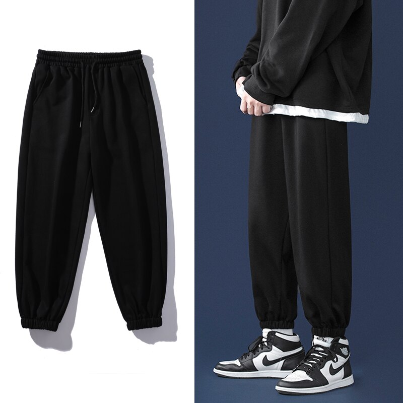 Pantalon de survêtement gris clair à jambes larges pour homme, Style coréen, décontracté, cravate aux pieds, automne: Asia 3XL (80-90kg) / Black