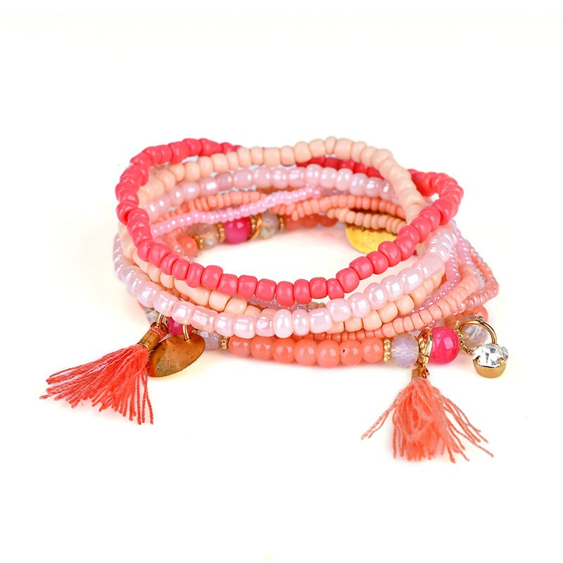 Ethnic Bohemian Tassel Beach Charm Bracelets For Women Boho Multilayer Beads Crystal Beaded Jewellery Bracelet Set Femme: Red