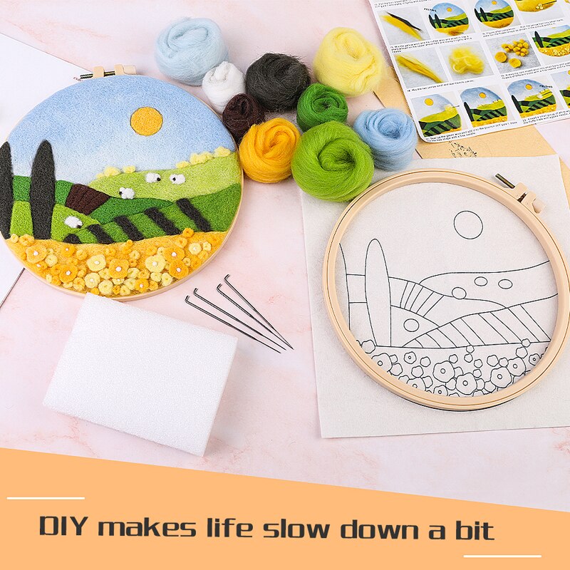 LMDZ 1 Set Landscape Painting Handmade DIY Wool Felting Material with Embroidery Frame Wool Fiber and Instructions