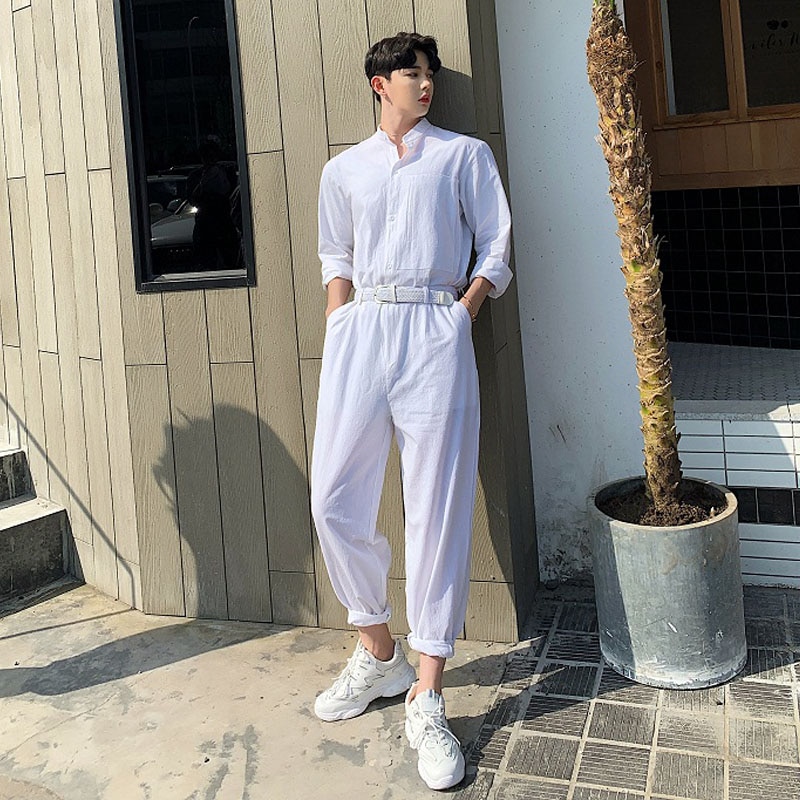 Mænd sommer bomuld linned løse hvide jumpsuits mandlige lange ærmer stå krave skjorte overalls bukser streetwear scene show bukser: Xl