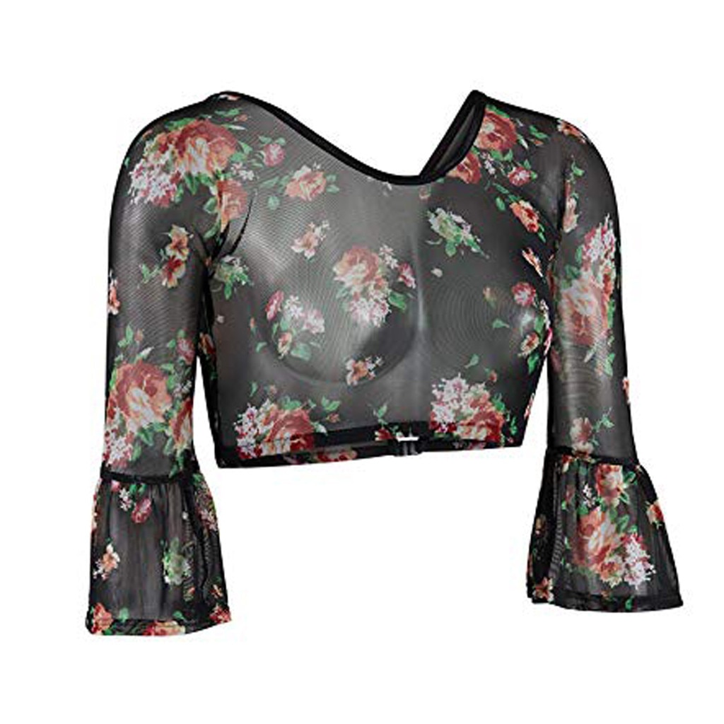 Women Both Side Wear Sheer Plus Size Seamless Arm Shaper trumpet sleeves Top Mesh Floral Blouses Perspective Cardigan tops VD7