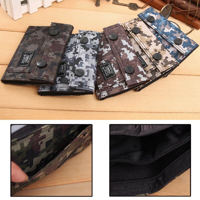 Men Canvas Clutch Wallet ID Bifold Camouflage Credit Card Holder Purse Mesh Pocket Short Wallet Card Bag Zipper Buckle