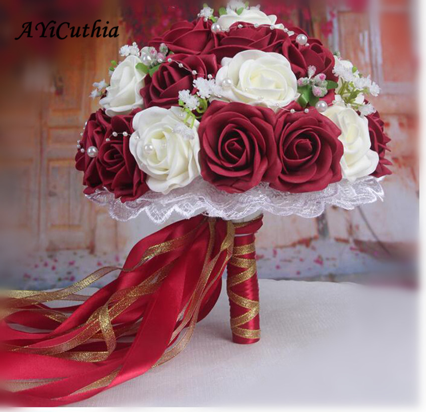 Bourgondië Wedding Boeket Roze/Rood/Wit/Bourgondië Bridal Bruidsmeisje Bloem Kunstmatige Bloem Roos Boeket Bruid AA130