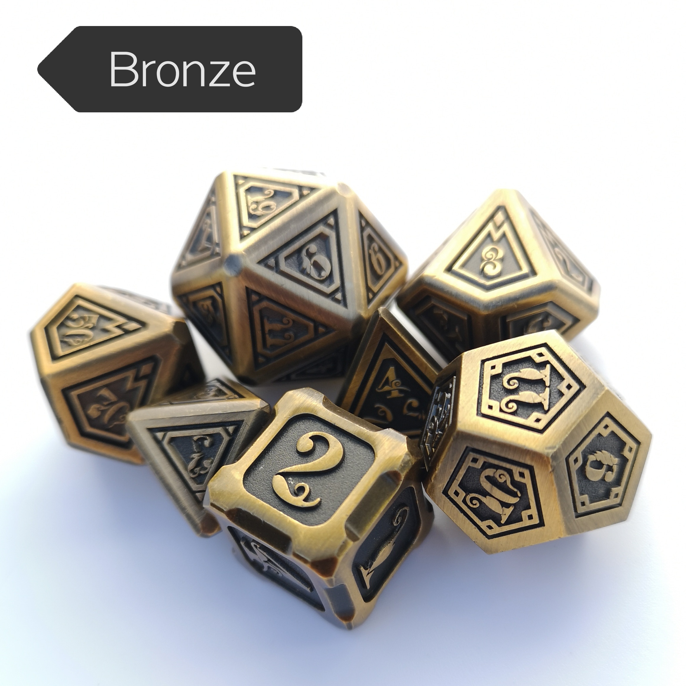 Rollooo DND Metal Dice Antique Copper 7-Die Set with Special Color & Font D4 D6 D8 D10 D% D12 D20 for Role Playing Games