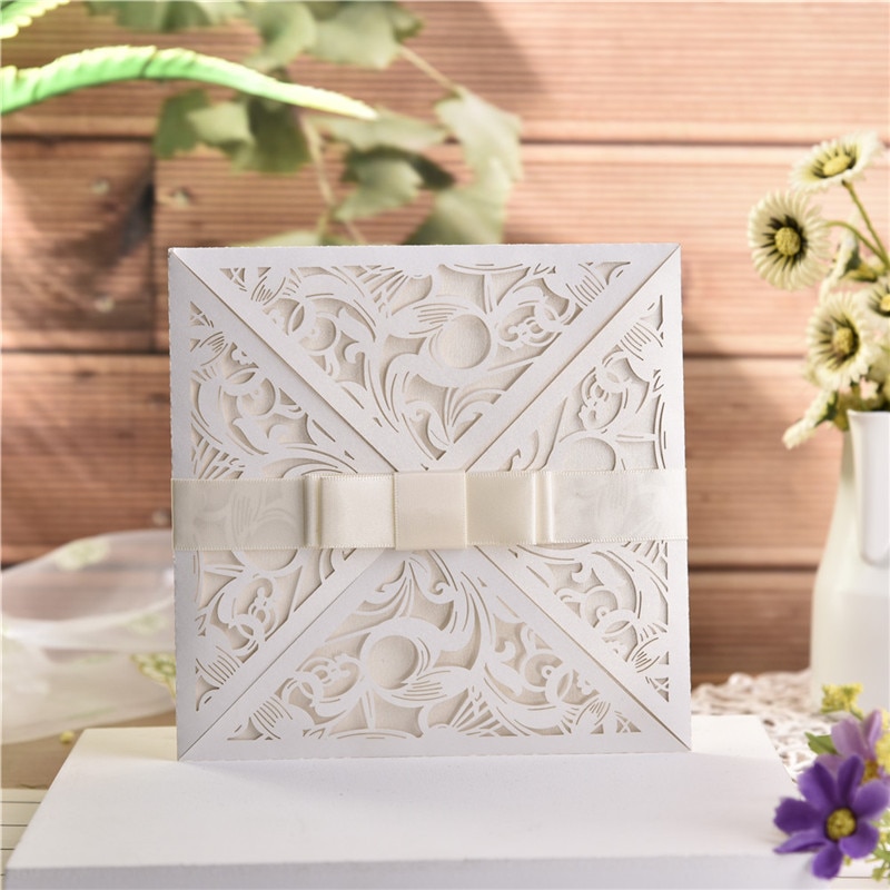 10pcs/lot European Square White Invitation Card for Wedding Delicate Carved Lace Wedding Invitation Cards with Bowknots