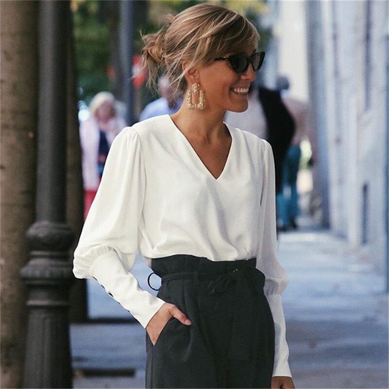 V-hals dames blouse shirts pofmouw knoop witte blouse zomer herfst dames shirt top dames kantoor chiffon blouse tops: M