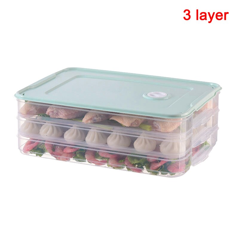 Container Airtight Food Preservation Tray Refrigerator Dumplings Storage Organizer Box with Lid FAS: green-3 layers