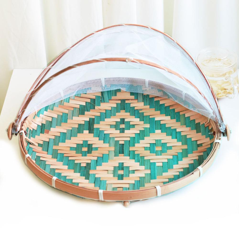 Bamboo Woven Basket Tray Fruit Vegetable Bread Storage Basket Hand-Woven Food Serving Tent Basket Outdoor Picnic Mesh Net Cover