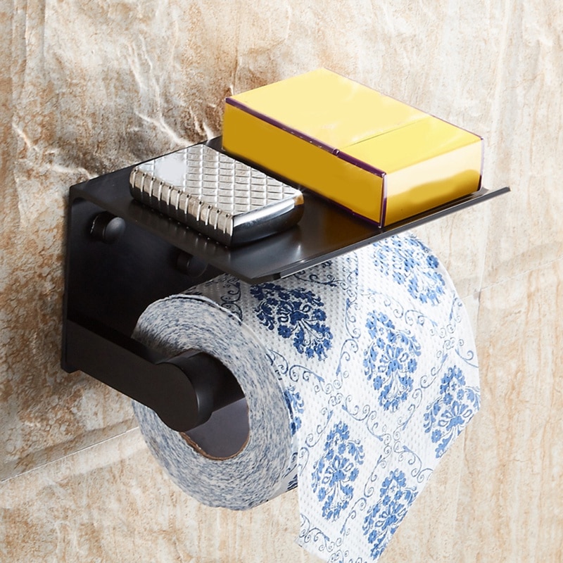 Toiletpapirholder med hylde vægmonteret mobiltelefon papirhåndklædeholder dekorativt badeværelse rullepapirholder sort