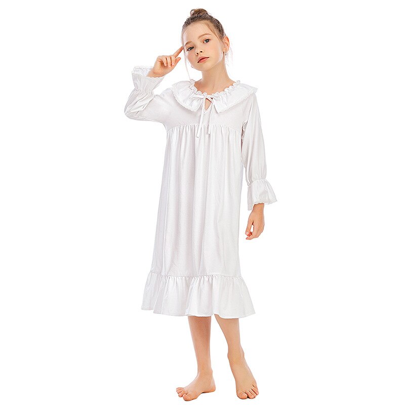 Camisón largo de algodón para niñas, ropa de dormir de estilo clásico, color blanco, 100%