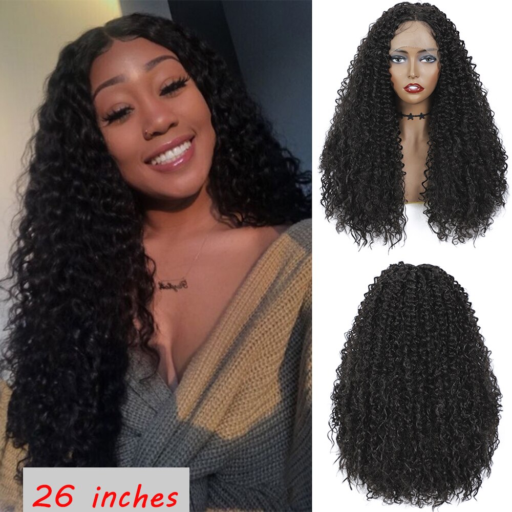 Afro Kinky Curly Lace Front Wig Natural Color SOKU Middle Part Heat Resistant Hair Synthetic Lace Front Wigs For Black Woman