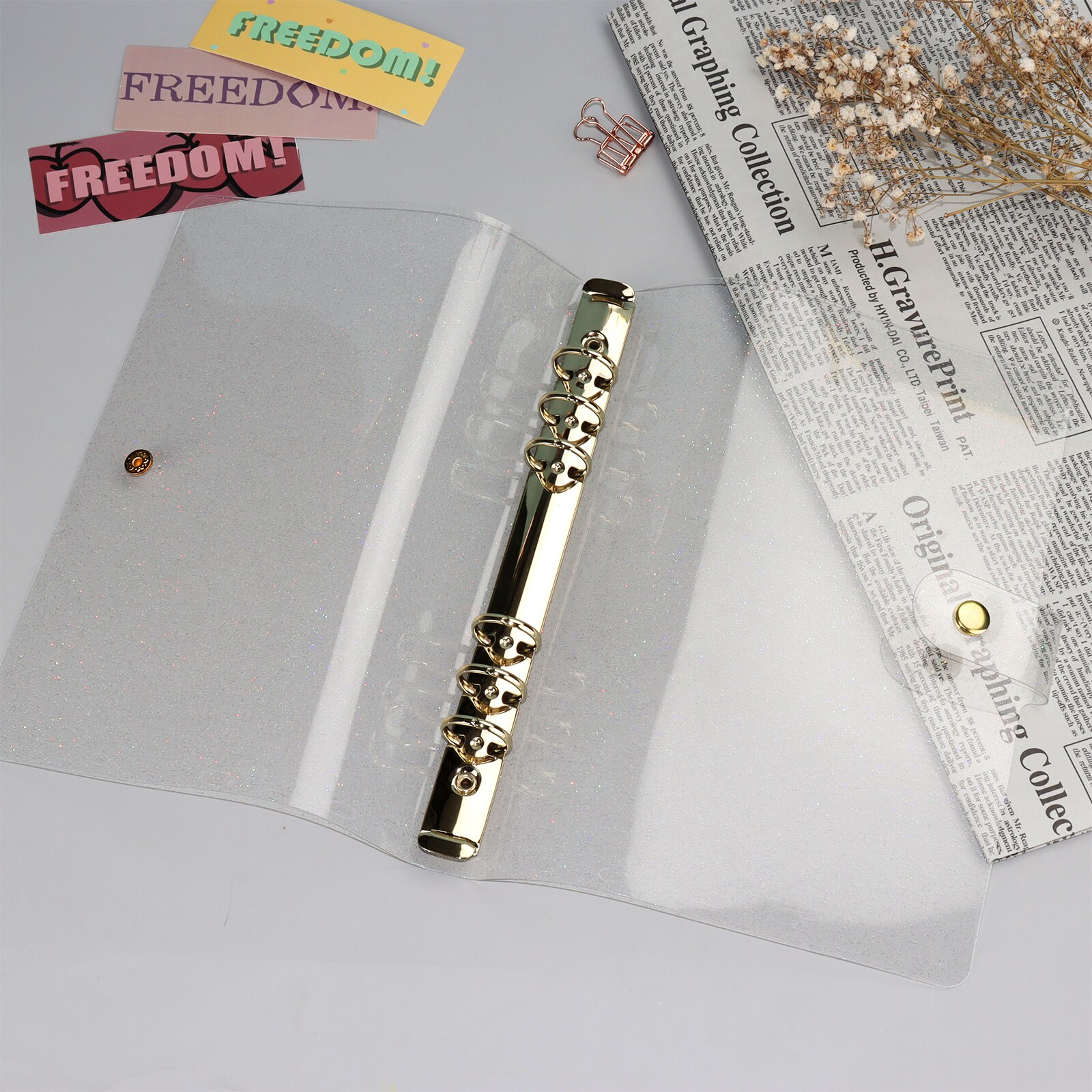 6 Ring A5 Clear Glitter Binder PVC Notebook A6 Binder Glitter Rose Gold A5 Clear Folder Binder
