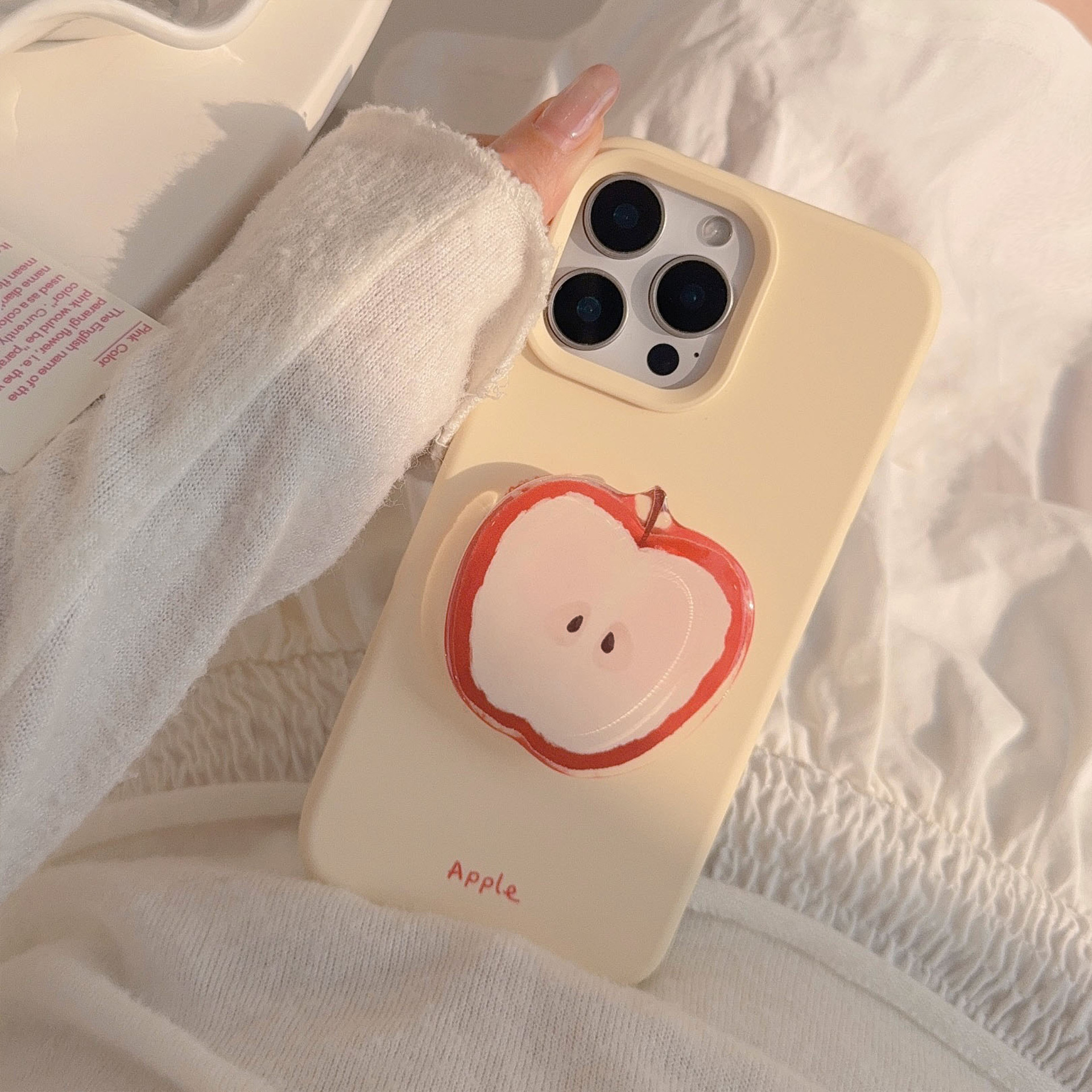 Korean Red Apple Graffiti With Stand Holder Lanyard Phone Case for iPhone 16 15 14 13 12 Pro Max Soft Silicone Shockproof Cover: black / iPhone 16 Pro Max