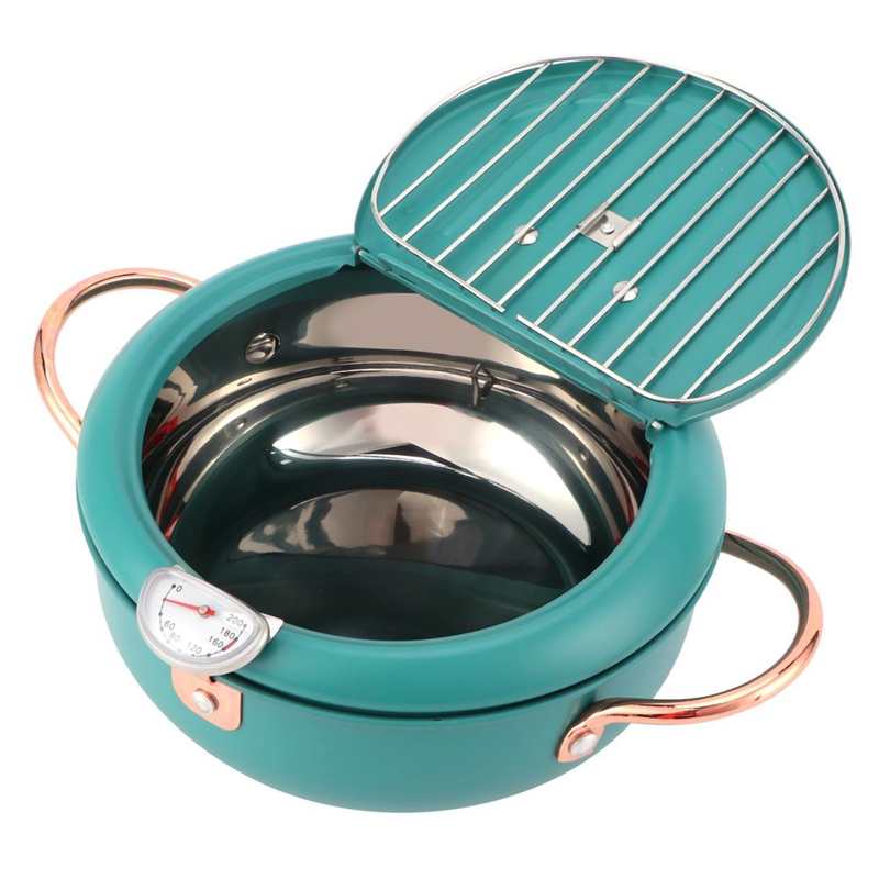 Frying Pot with Thermometer Japanese Stainless Steel Deep Fryer Pan for Induction Cooker Deep Green Kitchen Utensils
