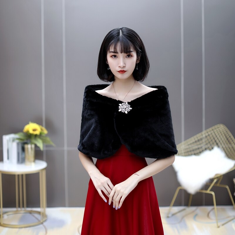 Schwarz Faux Fell Hochzeit Bolero Frauen Zubehör mit Kristalle Dekoration Braut wickelt Herbst Winter Abend zucken: Schwarz