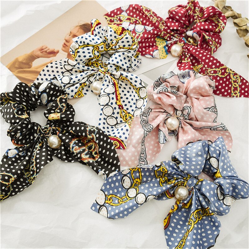 Sommer hestehale tørklæde elastisk hårreb til kvinder hår sløjfer scrunchies hårbånd med blomsterprint bånd hårbånd