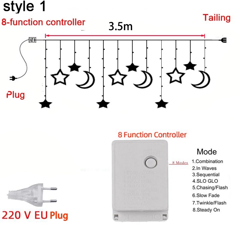 Cortina de luces LED con forma de ciervo, Estrella y Luna, guirnalda de luces de colores para Navidad, decoración de Año , para exteriores, hogar, boda, , 220V
