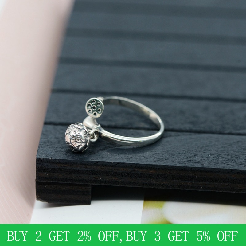 BALMORA LOVECOM 925 Sterling Silver Lotus Open Ring - Adjustable Vintage Floral Ring For Women & Men