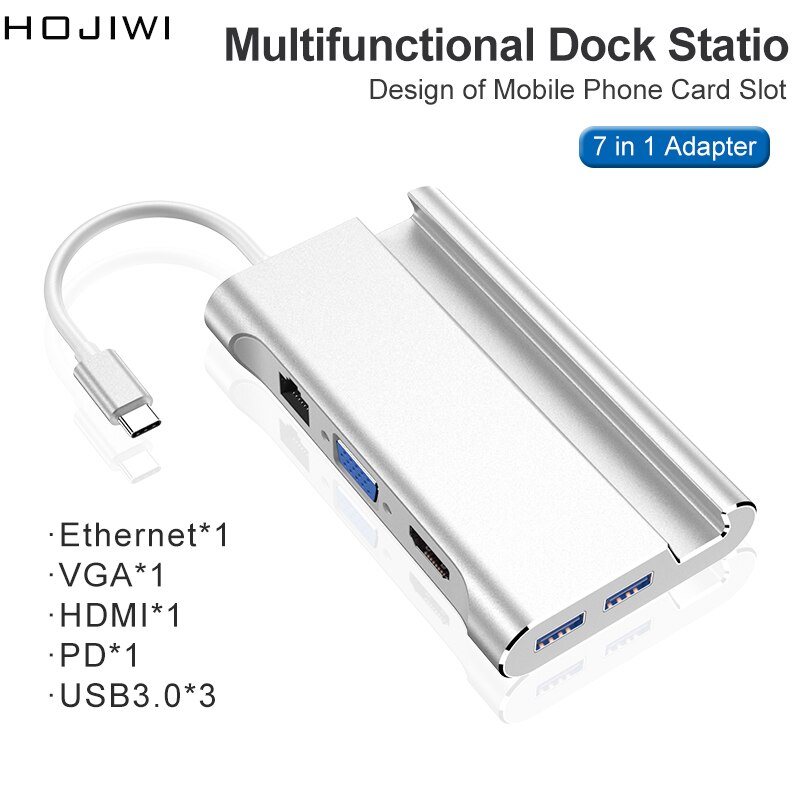 HOJIWI-concentrador tipo C 7 en 1, adaptador de USB-C a HDMI, 4K, VGA, soporte de teléfono móvil, Hub USB 3,0, para MacBook Pro AIR, huawei mate AA04: Default Title