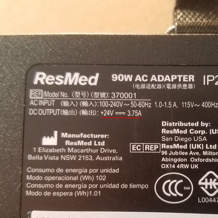 ResMed 90W AC Adapter MODEL 370001 Power Supply CHarger 24V 3.75A S90 S10 AirSense 10 AirCurve