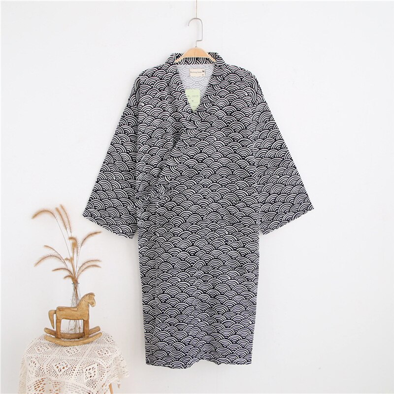 KISBINI Kimono Men's Nightrobe Cotton Printed Summer Spring Men Robes Japanese Style Grey Male Sleepwear Homewear