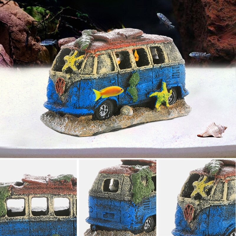 Fish Tank Decoration Aquarium Hideaway Broken Vehicle House with Cave Resin Wreck Car Ornament Landscaping Accessories