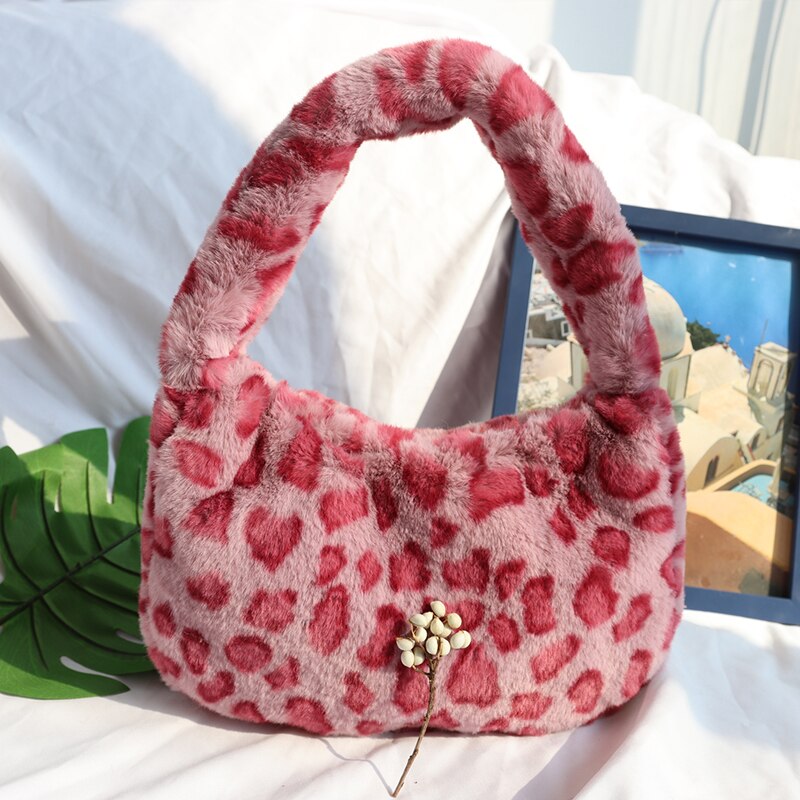 Winter Plush Shoulder Bags For Women Leopard Faux Fur Crossbody Bag Solid Color Warm Messenger Bag Bolsa Feminina