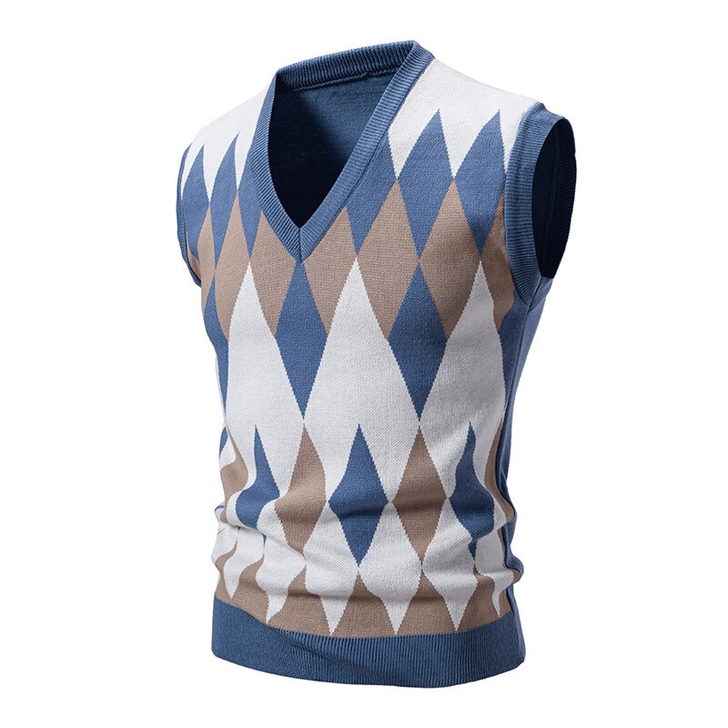 hommes Argyle tricots gilet col en V sans manches décontracté coupe ajustée pull tricoté pull gilets légers