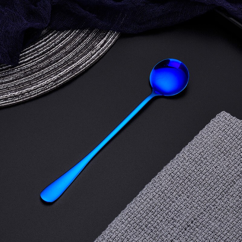 Cuchara de mango largo con cabeza redonda, cucharas de acero inoxidable coloridas, utensilios para beber, utensilios de cocina, té de frutas y café: Azul