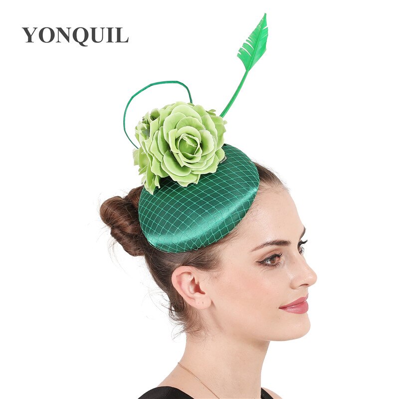 Coiffe de mariage fleur verte mariée casque de avec maille fantaisie Fascinators chapeau de mariée avec pince à cheveux pour femme