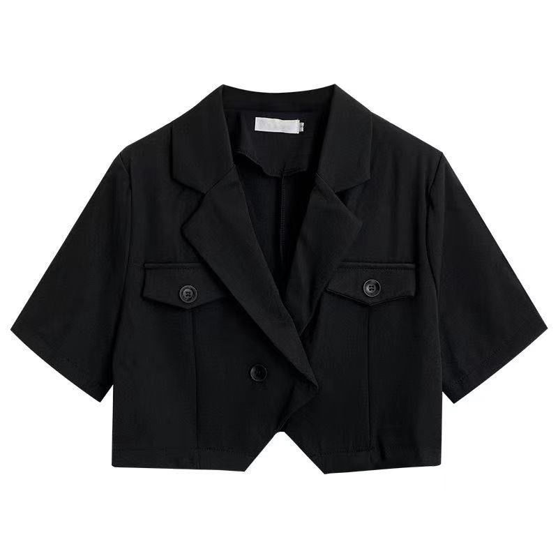 Zomer Korte Mouw Onregelmatige Zwarte Blazers Vrouwen Modieuze Ulzzang Office Lady Double Breasted Crop Tops Losse Uitloper Suits