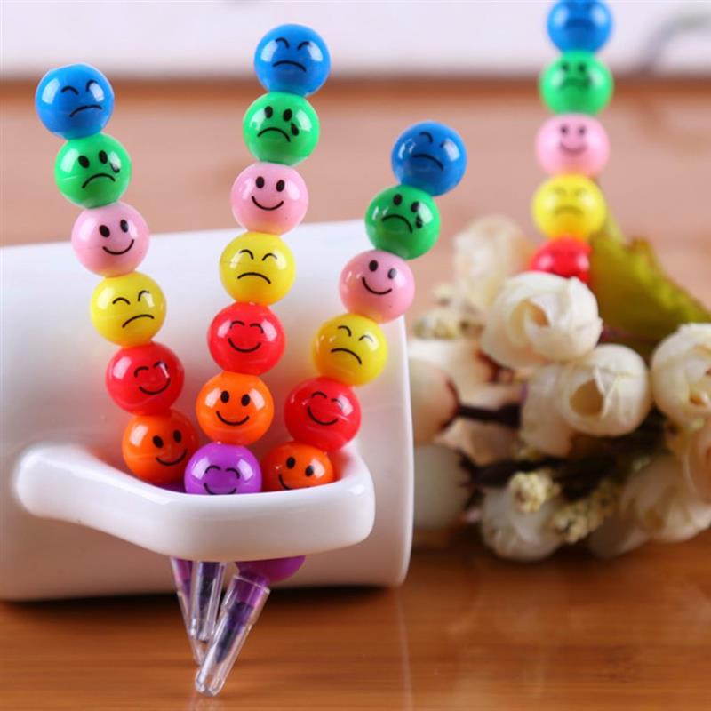 7 Colors Cartoon Face Print Pencils Lovely Round Graffiti Pen Stationery For Kids Wax Crayon Pencil
