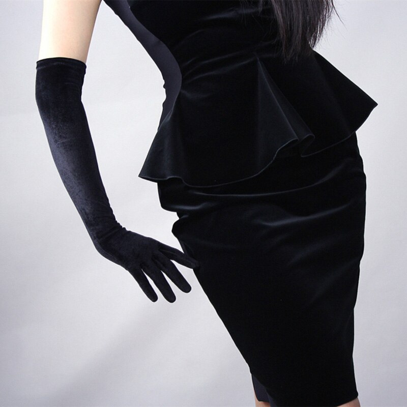 Eleganti guanti da sera in velluto dorato femminile guanti invernali sottili a dito pieno 43cm lunghi Sexy neri elastici caldi guanti da guida H47
