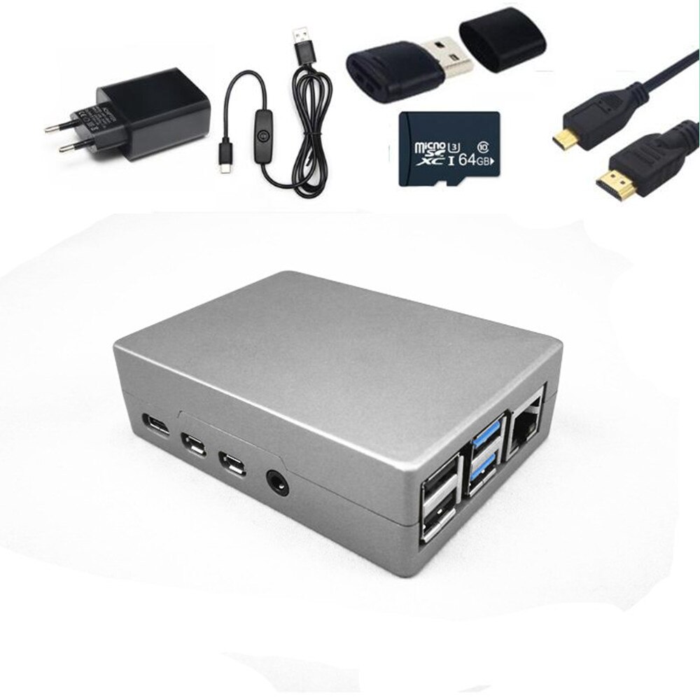 Raspberry PI 4 Case Kit Aluminum Case 5V 3A Power Adapter 64G Micro SD Card Micro HDMI Cable For Raspberry Pi 4 Model B: Gray Kit