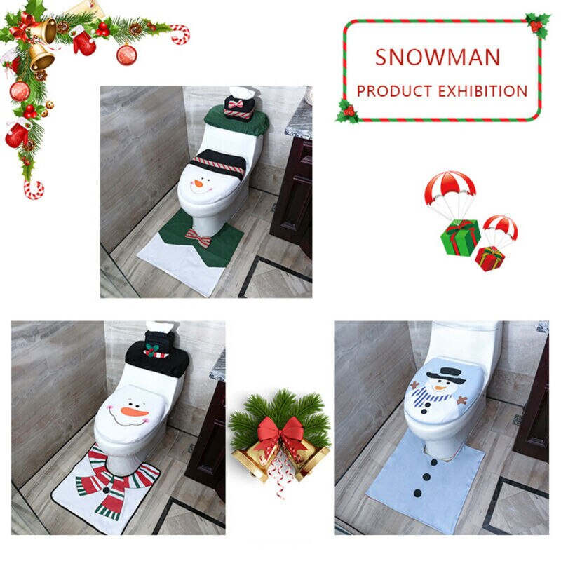 3 stk jul xmas boligindretning toilet toilet sæt santa snemand elf jul badesæt (toiletbetræk + tankdæksel + kontur tæppe)