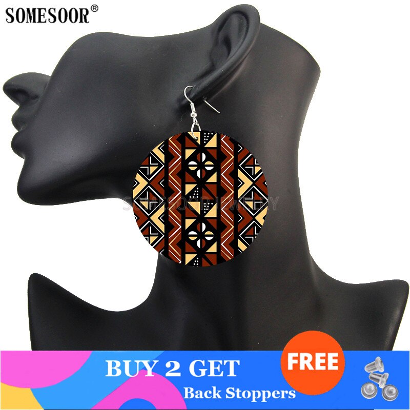 Somesoor Afrika Sieraden Bohemian Houten Zowel Afdrukken Ronde Hangers Zwarte Oorbellen Voor Vrouwen: Both Sides Print 5