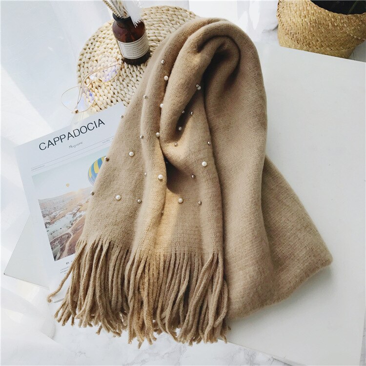 Bufanda tejida cálida de invierno para mujer de de Luna y Delfín, bufandas suaves con cuentas de perlas y perlas, bufanda de lana con borlas, manta Pashmina grande: camel