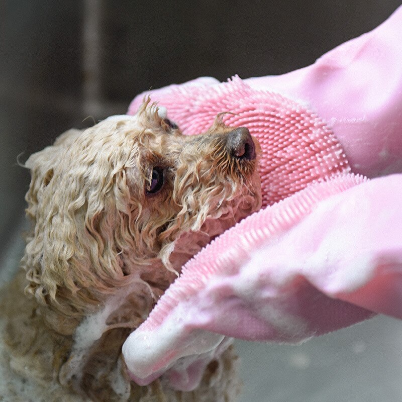 Guante de goma con pincel para mascotas que se derrama de forma suave y eficiente, guante de baño para perros, guante de limpieza para perros, cepillo de baño