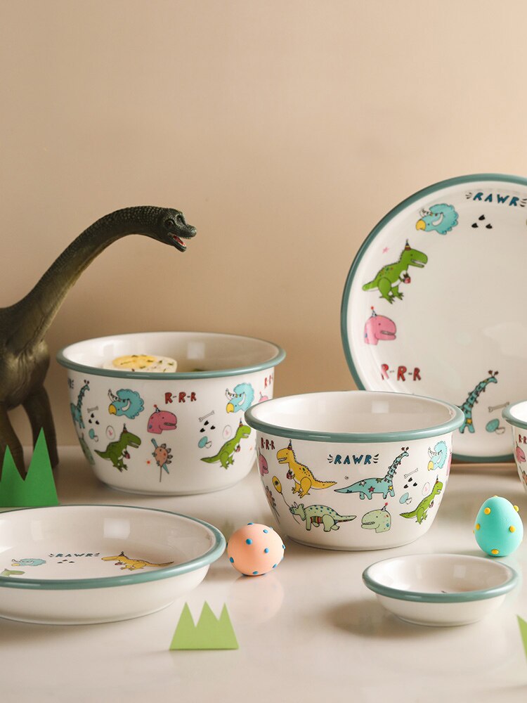 Utensils for Kitchen Child Ceramic Tableware Set Cartoon Dinosaur Pattern Plate Saucer Kids Cute Bowl Dishes Children Dinnerware