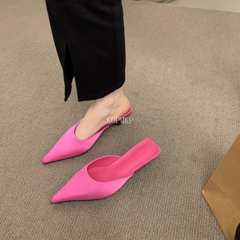 2024 Lente Puntige Neus Vrouwen Muiltjes Slipper Mode Candy Kleur Dames Elegante Jurk Sandaal Vierkant Lage Hak Slip Op Dia 'S Schoenen