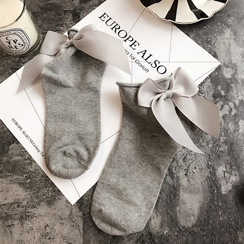 Winter Autumn Spring Sweet Curl Cotton After The Heel Ribbon Big Bow Short Socks Wild Chaussette Female Herring Ankle Socks: Bow Socks gray