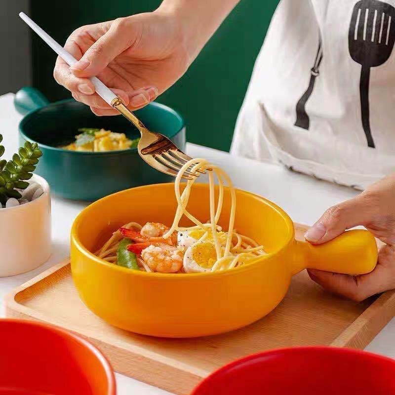 Nordic Ceramic Salad Bowl Single Handle Breakfast Cereal Fruit Bowl Solid Color Dessert Soup Noodle Bowl Microwave Oven Special